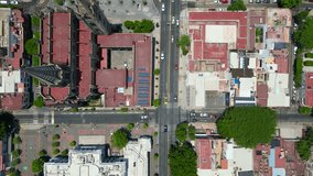 Vertical Panorama: Aerial Drone Video Panning Upward to Showcase Expiatorio Temple and Enrique Diaz de Leon Street