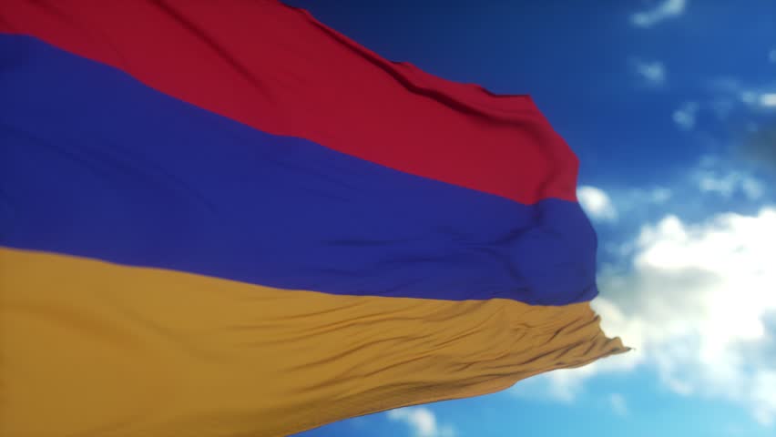 Armenian national flag on blue sky background. Armenia politics and news Royalty-Free Stock Footage #1109267895