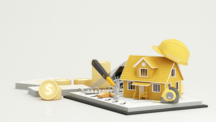 Concept of building a house and construction insurance or real estate insurance. Construction cost estimation and construction guarantee from contractors and labor. 3d render animation looping | Shutterstock HD Video #1109268105