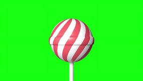 Striped red and white lollipop on stick rotating on green screen or chroma key background. Spinning strawberry lollipop. Turning red and white sweetmeat lollipop. Endless loop. 3D render. - Powered by Shutterstock - Get 15% off with code: PIKWIZARD15