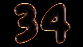 Seamless animation of glowing number 34 with light and reflections isolated on black background in 3d rendering.