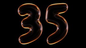 Seamless animation of glowing number 35 with light and reflections isolated on black background in 3d rendering.