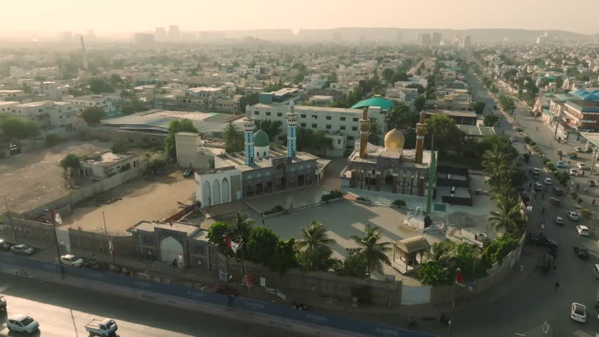 Panoramic aerial view of Islamic Research Center, Karachi City under hazy sky due to air pollution and climate change, Sindh, Pakistan