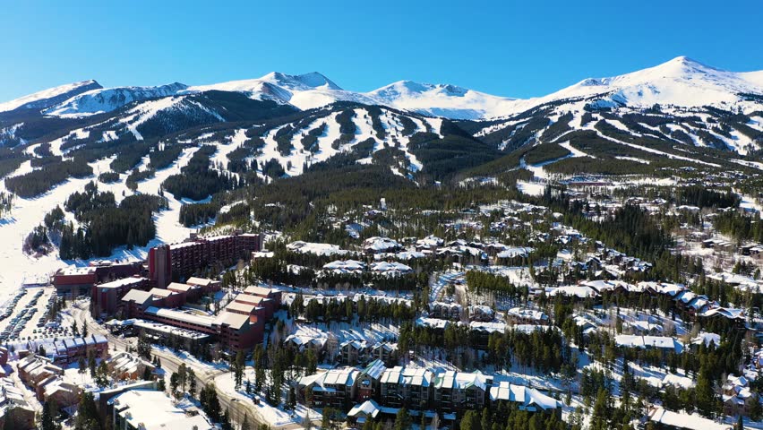 Breckenridge, Colorado Rocky Mountainside Aerial Drone Video of Ski Slopes, Chairlift and Vacation Rental Homes
