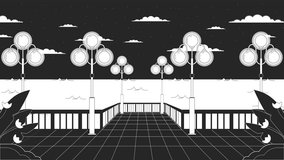 Night waterfront with streetlights bw lo fi animated background. City quay 80s retro lofi aesthetic wallpaper cartoon animation. Flickering lampposts monochrome linear chill 4K video motion graphic
