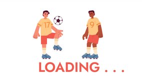 Soccer players practice 2D loading animation. Boys teen playing sports animated cartoon characters 4K video loader motion graphic. Football athlete kicking ball with knee download, upload progress gif