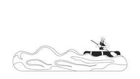 Rowing boat first responder bw cartoon animation. Emergency flood service 4K video motion graphic. Volunteer crossing flooded city street 2D monochrome line animated scene isolated on white background