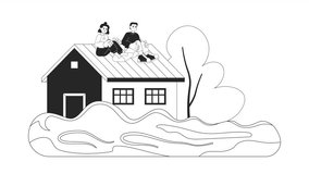 People trapped by floodwater on roof bw cartoon animation. Heavy rains disaster 4K video motion graphic. Water damage house survival 2D monochrome line animated scene isolated on white background