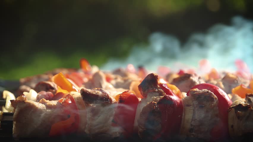 Grilling Tasty Dish Barbecue. Cooking On Picnic On Charcoal Souvlaki Food Metal Skewer Beef. Street Food Grill. Grilling Marinated Shashlik Souvlaki. Grilled BBQ Meat On Fire. Close up Royalty-Free Stock Footage #1109279523