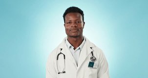 Video call, wave and a man or doctor on a blue background for health communication. Happy, greeting and face portrait of an African healthcare employee speaking on a backdrop for medicine help