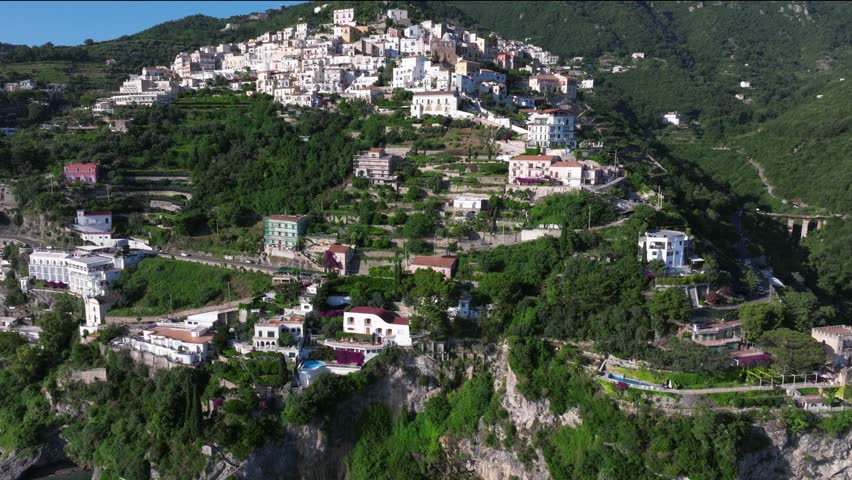 Panoramic view of Vietri sul Mare from Salerno, Italy, The Amalfitana is an Italian coastal road in the province of Salerno that leads from Meta di Sorrento to Vietri sul Mare, Beautiful view 