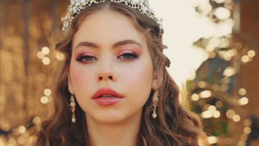 Close-up art portrait young woman princess beauty face pink lips green eyes royal crown on head long red hair long dress. Young woman fantasy queen fairy elf lady fashion model evening prom makeup 4k