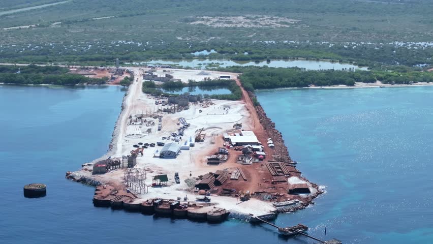 Building Site Of The New Cruise Ship Port In Pedernales Called Port Cabo Rojo In The Dominican Republic. Aerial Drone Shot