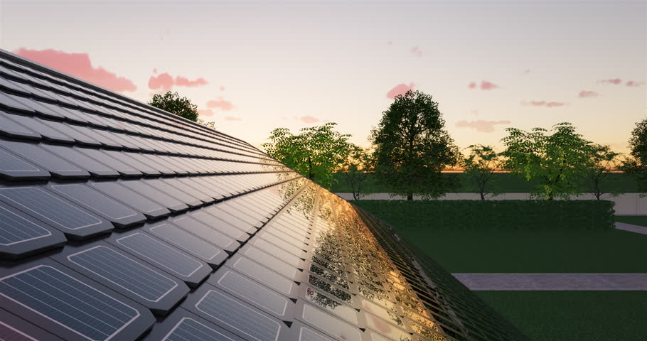 3d rendering of solar or photovoltaic shingles in perspective on roof of home or house building. System technology to generate electrical power or direct current electricity by light or sunlight. | Shutterstock HD Video #1109286959