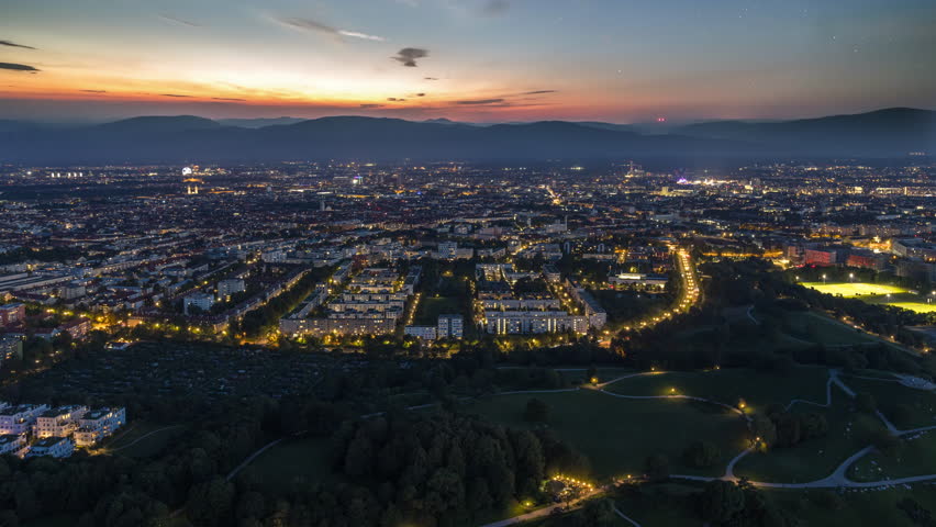 Munich night skyline aerial view munich germany time lapse view of city downtown at night from abive.