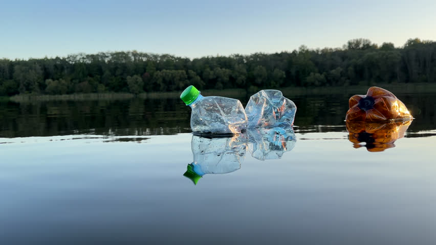 Marine plastic pollution from human activities at coastlines. Plastic waste in lake. Microplastics in groundwater. Ocean pollution and marine debris. Litter such as plastic from food in water of river | Shutterstock HD Video #1109293853
