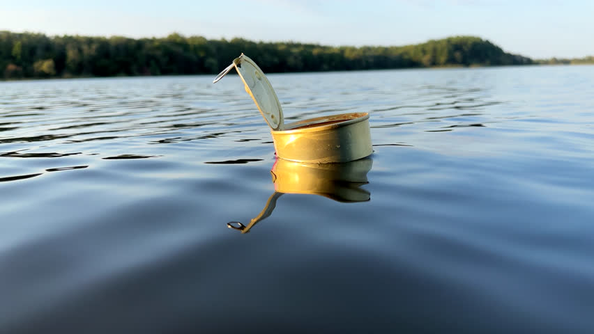 Tin can waste in lake water. Empty metal tin can garbage and food waste in ocean. Aquatic trash and Marine pollution. Steel tin cans to Recycling. Aluminum food tin can Waste, cans as garbage, litter | Shutterstock HD Video #1109293917