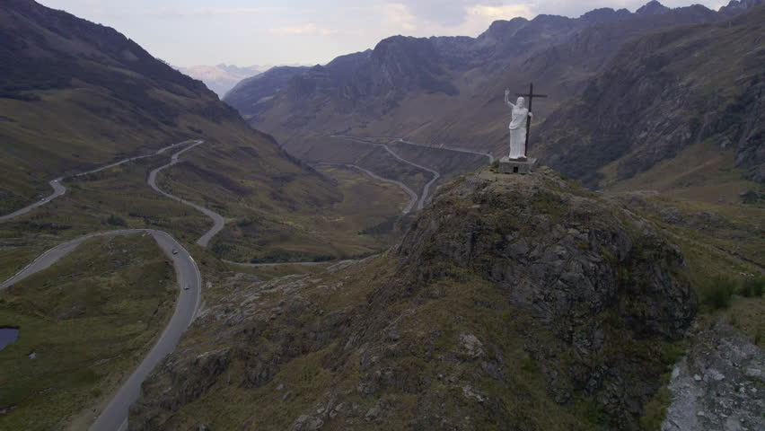 Aerial view of the White Christ in Chavin, Ancash. Peru