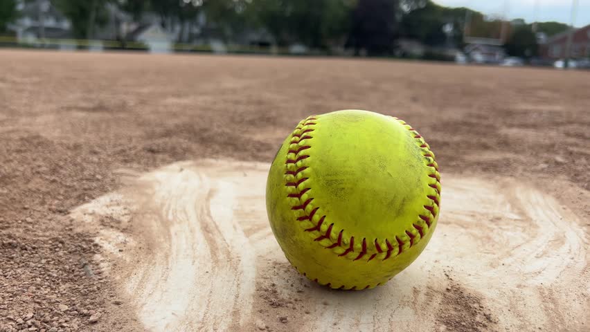 Ground level establishing shot of a softball on home plate at a softball field. Royalty-Free Stock Footage #1109303759