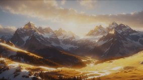 3D video animation of a breath taking mountain peak bathed in warm golden light, casting long shadows over a serene valley below.