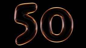 Seamless animation of glowing number 50 with light and reflections isolated on black background in 3d rendering.