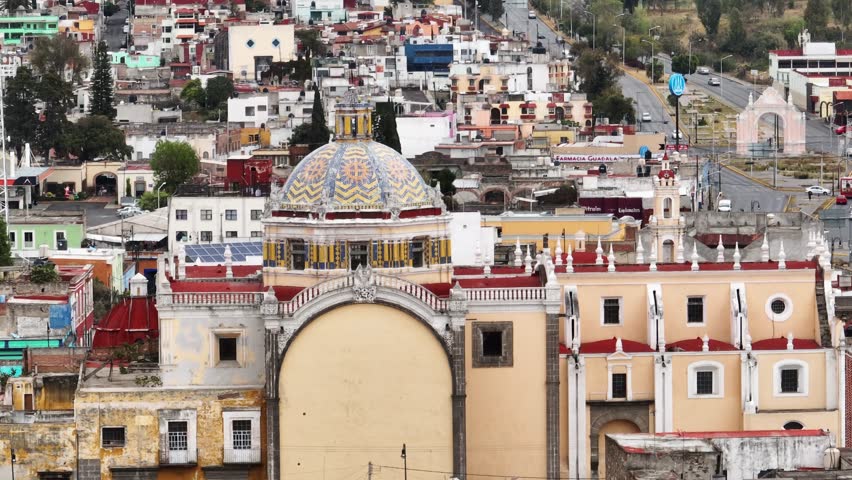 Beautiful aerial view of the San Cristobal church in city of Puebla in Mexico. Telephoto zoom lens. 