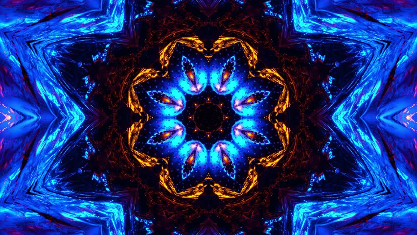 Blue and yellow flower with black background and blue and yellow flower. Kaleidoscope VJ loop. Royalty-Free Stock Footage #1109312337