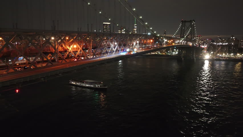 Aerial view of New York City’s Williamsburg Bridge at night