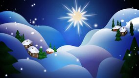 The Christmas star shines over winter mountains, snow, houses. New Year's mood: it's snowing, green trees, a star is shining above the ground - Powered by Shutterstock - Get 15% off with code: PIKWIZARD15