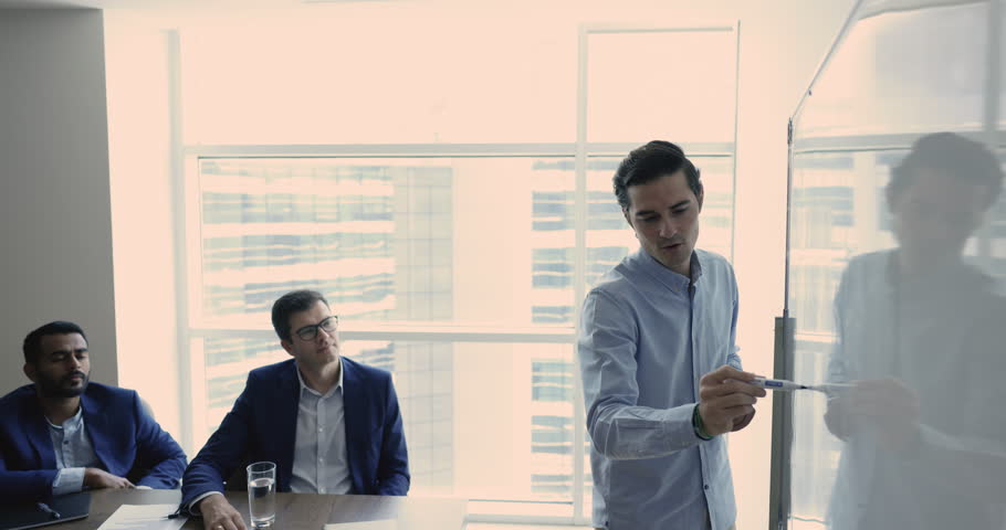 Hispanic businessman, trainer gives flip chart presentation in boardroom, staff or clients listen to professional coach or company representative at seminar. Business meeting, start up development | Shutterstock HD Video #1109316745