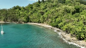 Drone video of anse couleuvre beach at Le Précheur, North Martinique, French West Indies, Caribbean