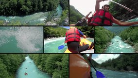 Whitewater Rafting Adventure - Multi Screen Video Montage. People in Inflatable Rafting Boats Riding Whitewater Rapids. Excited Man and Woman Enjoy The Rafting. Active Lifestyle.