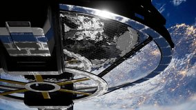 high-tech laboratory made of metal and glass, reminiscent of a spaceship, rotating in orbit around Earth. elements furnished by nasa - Powered by Shutterstock - Get 15% off with code: PIKWIZARD15