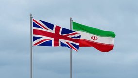 Iran flag and UK United Kingdom of Great Britain flag waving together on blue sky, looped video