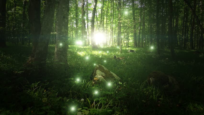 Magical sunny divine bright green forest trees with flying glowing fireflies.	
 Royalty-Free Stock Footage #1109329407