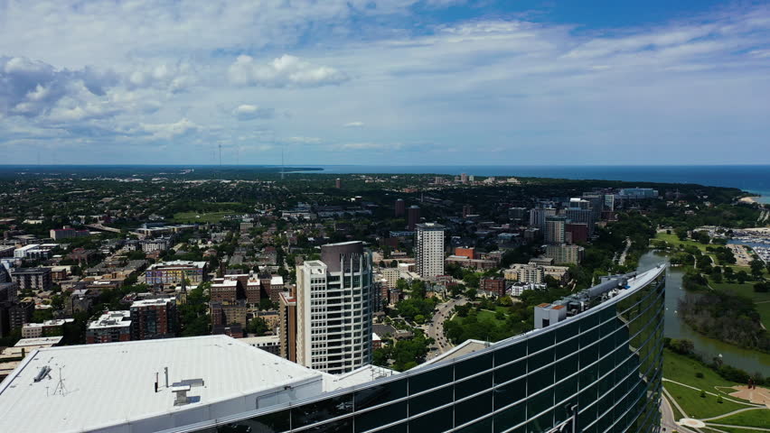 Aerial view over tall buildings in Milwaukee, sunny, summer day in USA