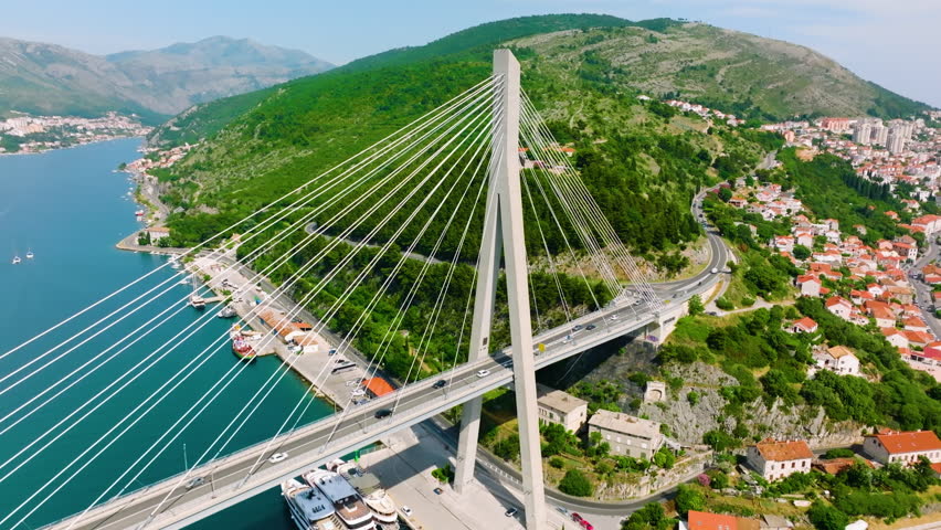 Aerial view of Franjo Tuđman Bridge in Dubrovnik, Croatia.