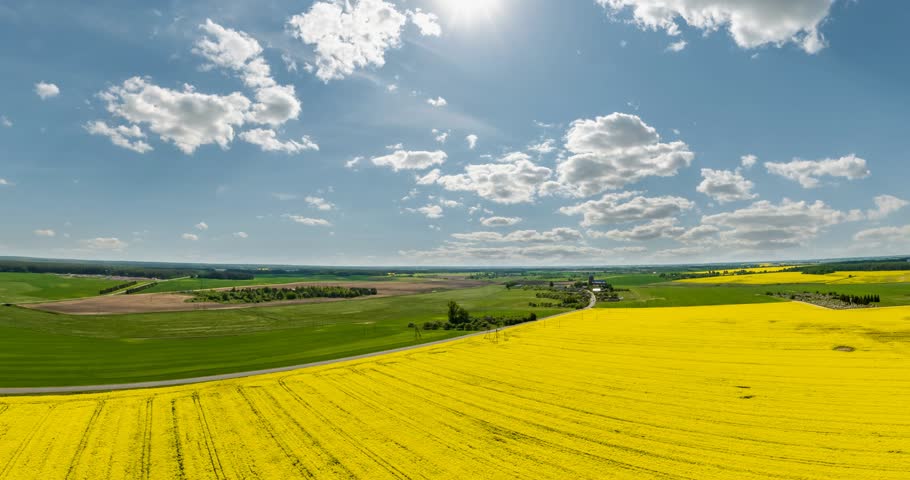 transformation with rotation of landscape into tiny planet rapeseed field in blue sky with clouds. curvature of space. Royalty-Free Stock Footage #1109336805