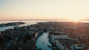 Venice, aerial footage of the view of grand canal at sunset - Italy