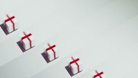 christmas boxes moving across screen frame with white background. Holiday celebration decoration backdrop - Powered by Shutterstock - Get 15% off with code: PIKWIZARD15