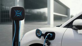Electric car recharging from EV charging station display smart digital battery status hologram. Technological advancement of rechargeable EV car using alternative and sustainable energy. Peruse - Powered by Shutterstock - Get 15% off with code: PIKWIZARD15