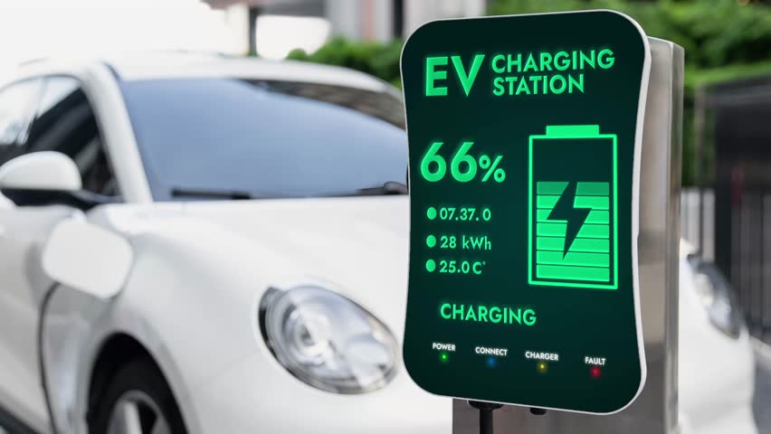 EV charging station display battery status interface for electric car, exemplifying green city with clean energy. Technological advancement of alternative energy sustainability utilization. Peruse Royalty-Free Stock Footage #1109340813