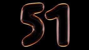 Seamless animation of glowing number 51 with light and reflections isolated on black background in 3d rendering.