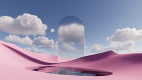 3d animated wallpaper, live image. Abstract fantastic background. Surreal fantasy landscape. Pink desert with lake and geometric mirror under the blue sky with white clouds - Powered by Shutterstock - Get 15% off with code: PIKWIZARD15