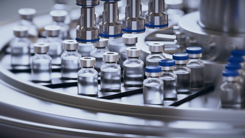looped 3d animation, glass jars on the conveyor line, modern pharmaceutical factory closeup. Bottles filled with clear liquid and being closed with blue lids. Medical vaccine production