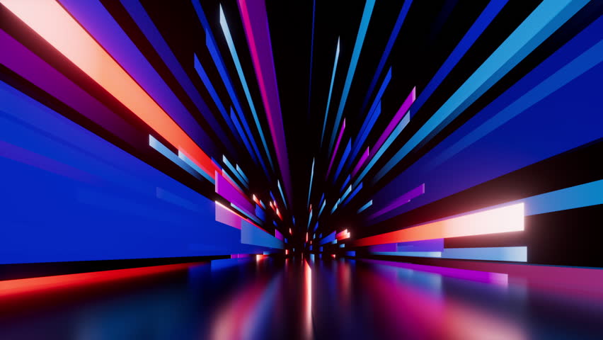 looped 3d animation. Abstract background. Straight blue pink neon stripes and ribbons fly chaotically towards the camera, moving from center to the sides in slow motion Royalty-Free Stock Footage #1109344507