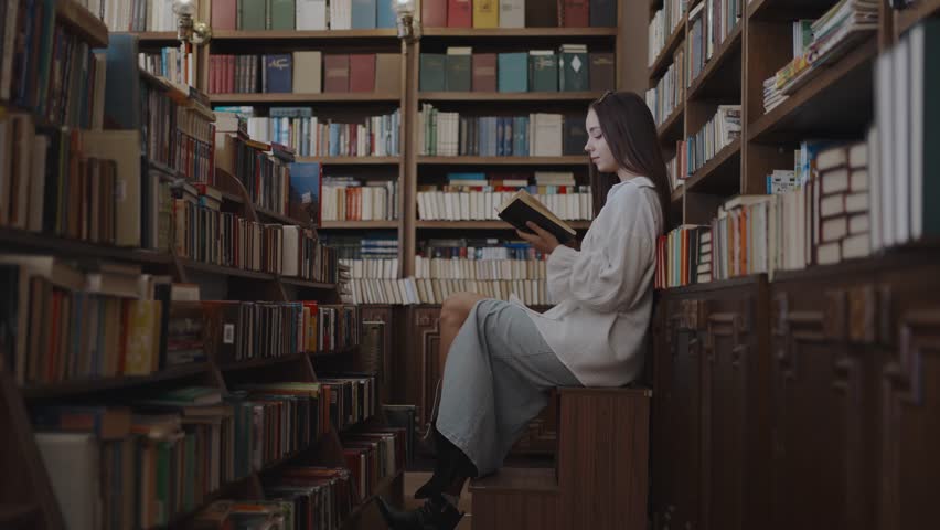 The girl sits on a chair and reads a book in an old library Royalty-Free Stock Footage #1109347247