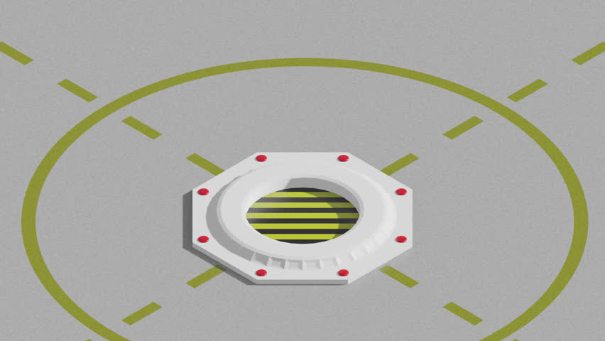 Isometric rocket rises from misile silo then blasts off from yellow and black striped launch pad. Seamless looping