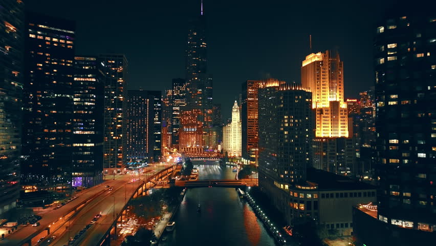 Nighttime Aerial Views of Downtown Chicago. Trump Tower. - Powered by Shutterstock - Get 15% off with code: PIKWIZARD15