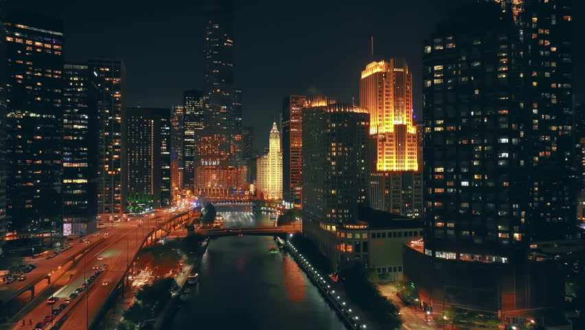 Nighttime Aerial Timelapse of Downtown Chicago. Trump Tower.
